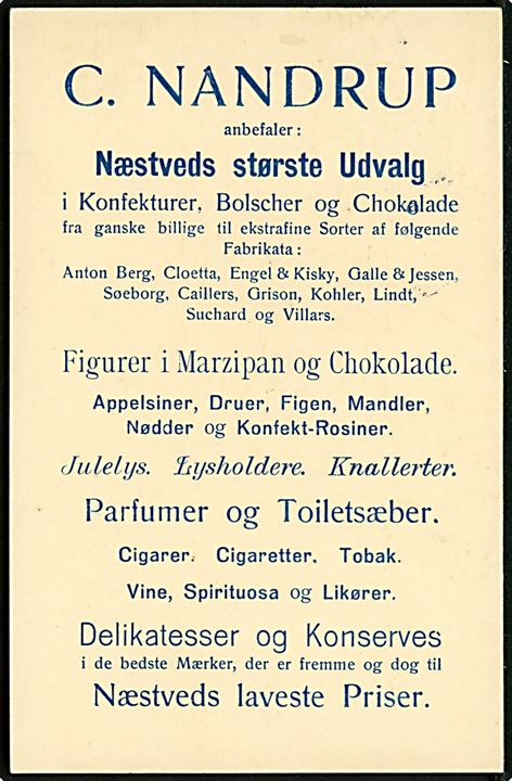 5/3 øre provisorisk tjenestebrevkort med Julemærke 1919 og tiltryk “C. Nandrups Juleudstilling 1919” sendt som lokal tryksag i Næstved d. 9.12.1919. Højst usædvanlig anvendelse af både tjenestebrevkort og julemærke.