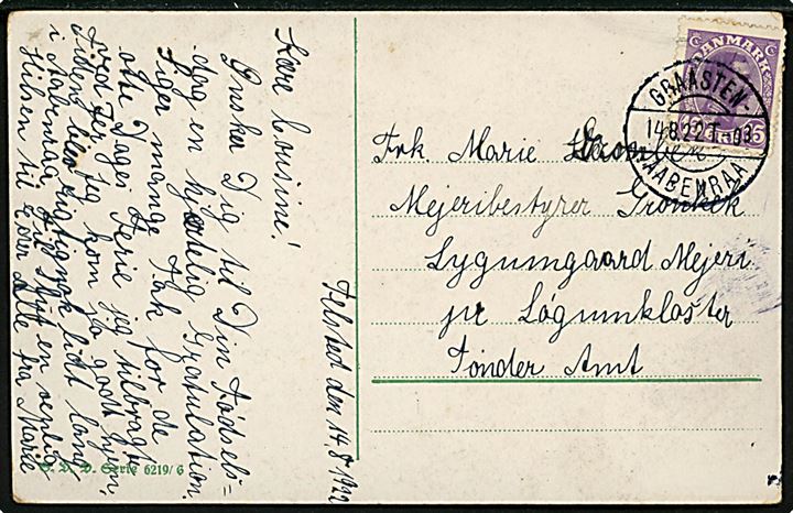 15 øre Chr. X på brevkort fra Felsted annulleret med bureaustempel Graasten - Aabenraa T.03 d. 14.8.1922 til Løgumkloster. 