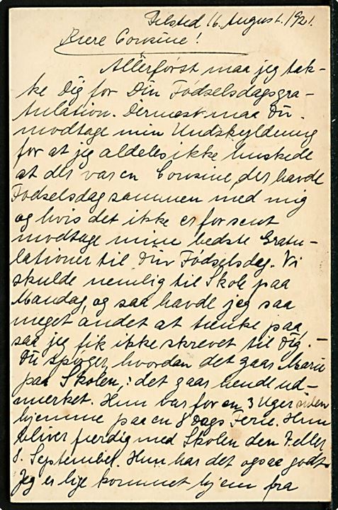 10+5 øre provisorisk helsagsbrevkort (fabr. 57-H) fra Felsted annulleret med bureaustempel Aabenraa - Graasten sn2 T.01 d. 17.8.1921 til Augustenborg.
