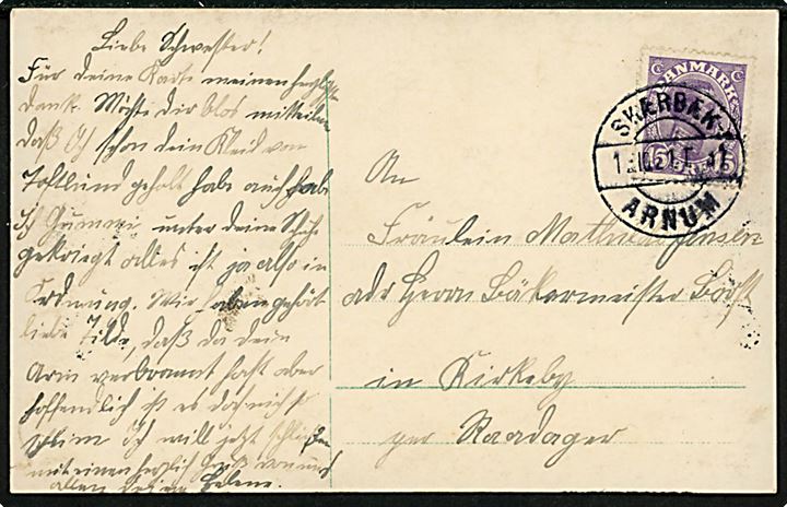 15 øre Chr. X på brevkort annulleret med bureaustempel Skærbæk - Arnum T.31 d. 12.10.1921 til Kirkeby pr. Roager. 