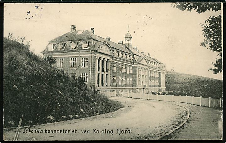 5 øre Chr. X på brevkort (Julemærkesanatoriet ved Kolding Fjord) annulleret med bureaustempel Kolding - Hejlsminde T.5 d. 19.9.1916 til Lille Svenstrup pr. Ringsted.
