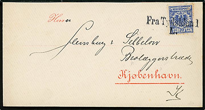 20 Pfg. Adler på skibsbrev annulleret “Fra Tydskland L.” og på bagsiden sidestemplet K. OMB. 2 d. 15.6.1895 til Kjøbenhavn, Danmark. Stempel benyttet på post som ankom til København med skibs fra Lübeck.