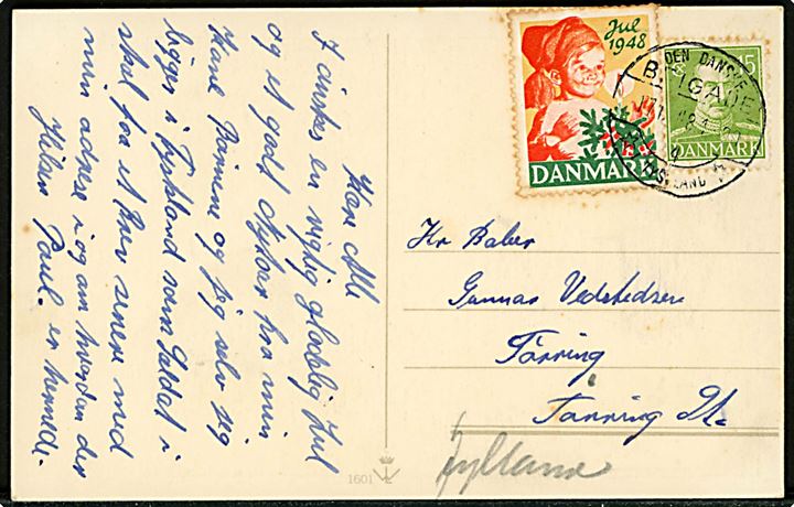 15 øre Chr. X og Julemærke 1948 på julekort annulleret Den danske Brigade / 4 / * i Tyskland * d. 17.12.1948 til Tørring, Danmark. Sendt fra forlægningen i Oldenburg.