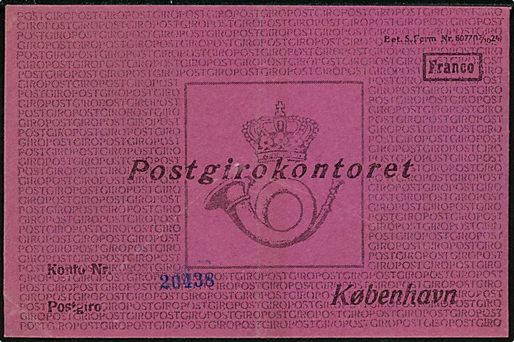 Postgirokontoret. Franco-kuvert - Bet. S. Form. Nr. 6077 (7/10 24) - til indsendelse af girokort til Konto Nr. 20438, Postgirokontoret, København. Tidlig formular, fold. 