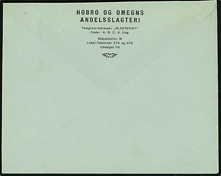 20/15 øre Provisorium på brev fra Hobro og Omegns Andelsslagteri annulleret med ovalt jernbanestempel HOBRO GODSEKSP. * D.S.B. * d. 22.8.1940 til Kolding. Ikke registreret af Bendix.