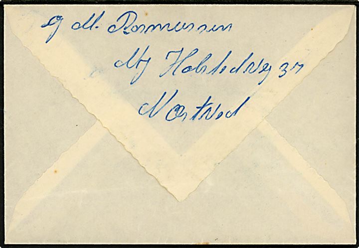 20 øre Fr. IX på brev annulelret med ovalt jernbane-stempel Næstved Ilgodsekspedition * D.S.B. * d. 6.5.1950 til København. Ikke registreret af Bendix.