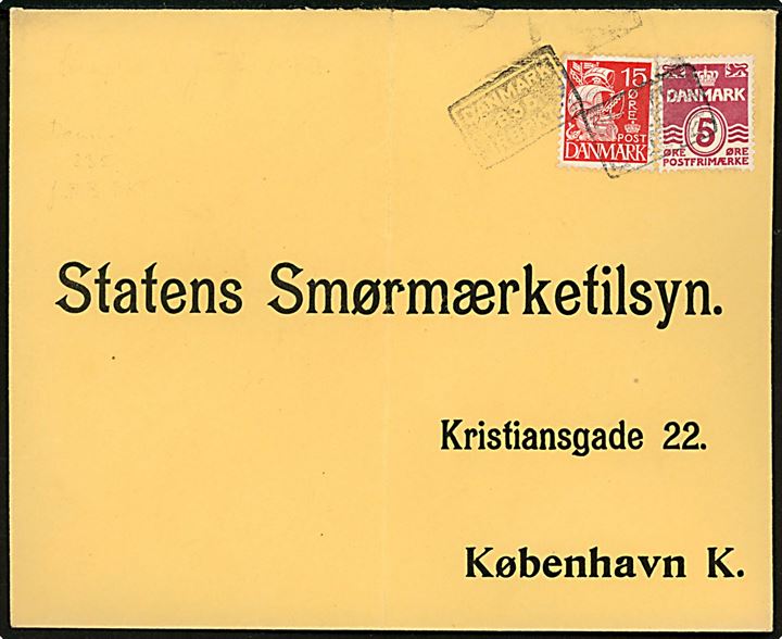5 øre Bølgelinie og 15 øre Karavel på brev fra ca. juli 1940 annulleret med signetstempel “DANMARK / 835 / JRBPKT.2” til Statens Smørmærketilsyn i København. 