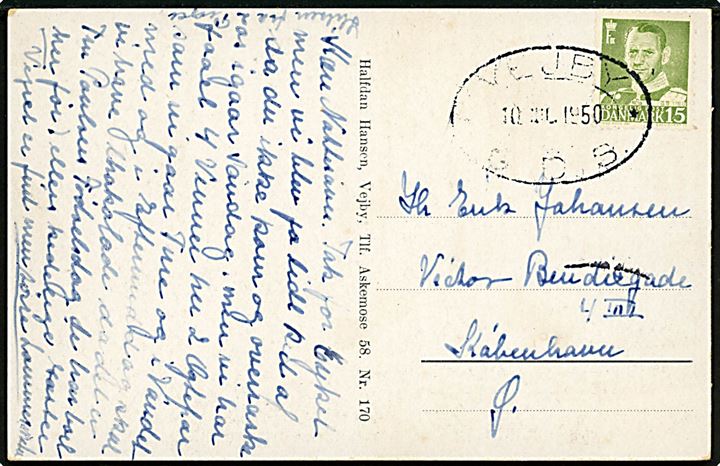 15 øre Fr. IX på brevkort (Parti fra Vejby) annulleret med ovalt jernbanestempel VEJBY * G.D.S. * d. 10.7.1950 til København. G.D.S. = Gribskovbanens Driftselskab.