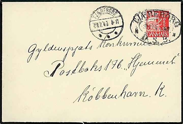 15 øre Karavel på brev fejlagtigt annulleret med ovalt jernbanestempel TJÆREBORG * D.S.B. * d. 22.2.1940 og sidestemplet brotype IIc Tjæreborg d. 22.2.1940 til København.