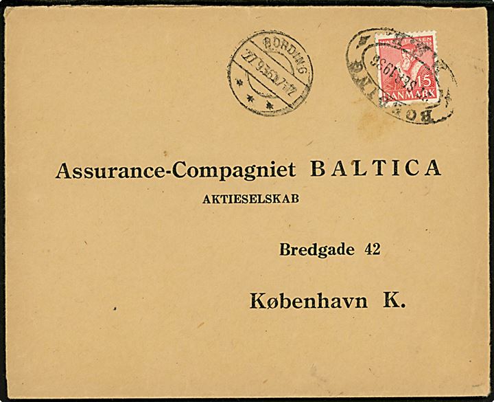 15 øre Tavsen på brev fejlagtigt annulleret med ovalt jernbanestempel BORDING * D.S.B. * d. 27.9.1936 og sidestemplet brotype IIc Bording d. 27.9.1936 til København. Ikke registreret af Bendix.