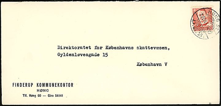 20 øre Fr. IX på kuvert fra Finderup Kommunekontor fejlagtigt annulleret med jernbane brotype stempel Høng St. D.S.B. d. 12.10.1949 til København. 