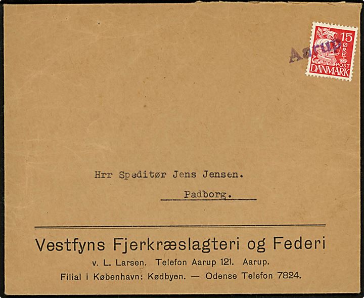 15 øre Karavel på kuvert fra Vestfyns Fjerkræslagteri annulleret med violet liniestempel “Aarup” ca. 1940 til Speditør i Padborg. Antagelig sendt med fragtmand.