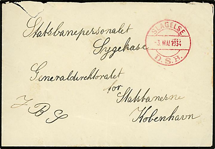 Jernbanesag (JBS) med rødt jernbane brotypestempel Slagelse D.S.B. d. 3.5.1934 til Generaldirektoratet for Statsbanerne i København. Urent åbnet. 
