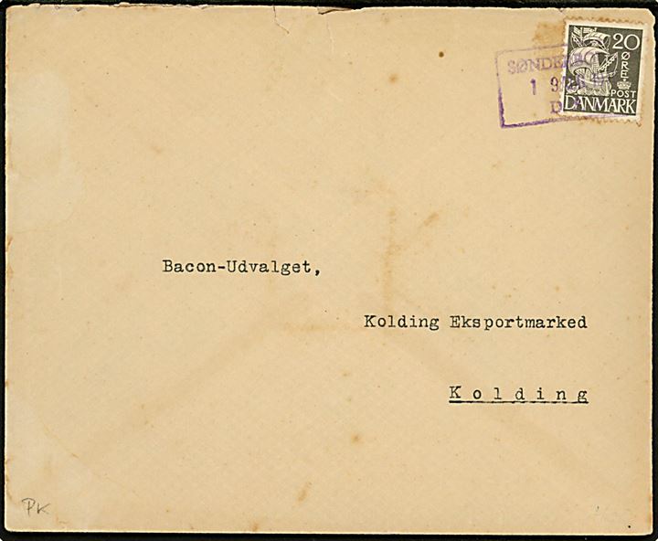 20 øre Karavel på brev annulleret med jernbanestempel Sønderborg D.S.B. d. 19.8.1940 til Bacon-Udvalget, Kolding Eksportmarked, Kolding.