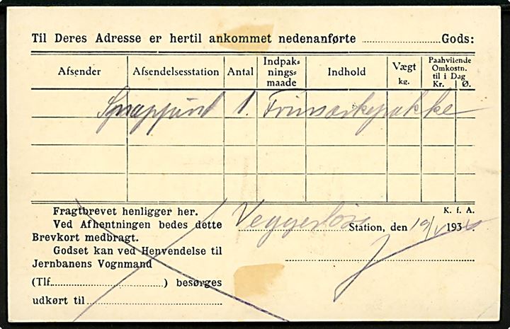 7 øre helsagsbrevkort (fabr. 109-H) sendt som adviskort fra De danske Statsbaner annulleret med ovalt jernbane stempel VEGGERLØSE * D.S.B. * d. 19.4.1934 til Hasselø. Ikke registreret af Bendix.