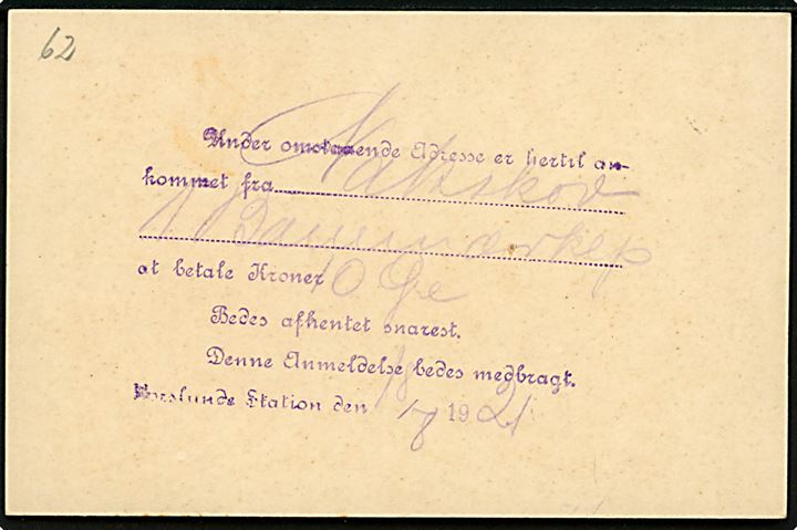 5+3/2 øre provisorisk helsagsbrevkort (fabr. 45-C) anvendt som lokalt adviskort og annulleret med violet ovalt jernbanestempel HORSLUNDE * N. K. J. * d. 10.8. 1932. Forkortelse N.K.J. = Nakskov-Kragenæs Jernbane. Ikke registreret af Bendix.