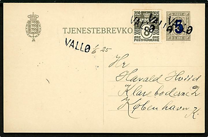 8 øre Bølgelinie på ugyldigt tjenestebrevkort annulleret med liniestempel VALLØ d. 1.6.1925 til København. Meddelelse sendt fra stationsforstanderen.