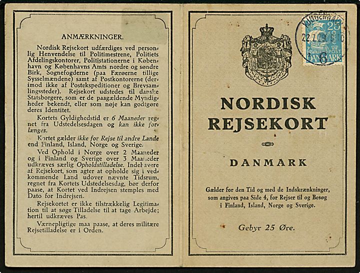 Nordisk Rejsekort med 25 øre Karavel som gebyr stemplet Kjøbenhavn 6 d. 22.7.1929.