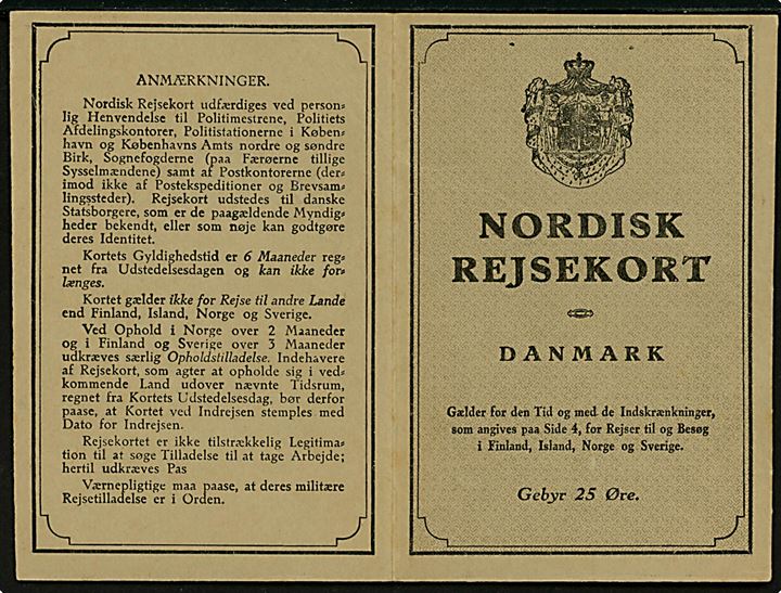 Nordisk Rejsekort med 25 øre Karavel som gebyr stemplet Roskilde d. 25.2.1939. Norsk stempel fra Paskontroll i Oslo d. 26.2.1939.