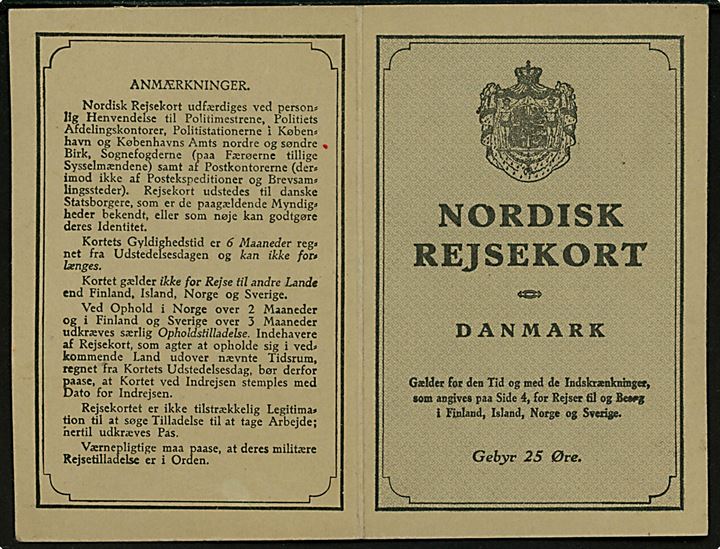 Nordisk Rejsekort med 10 øre Bølgelinie og 15 øre Karavel som gebyr stemplet København 10 d. 11.6.1938.