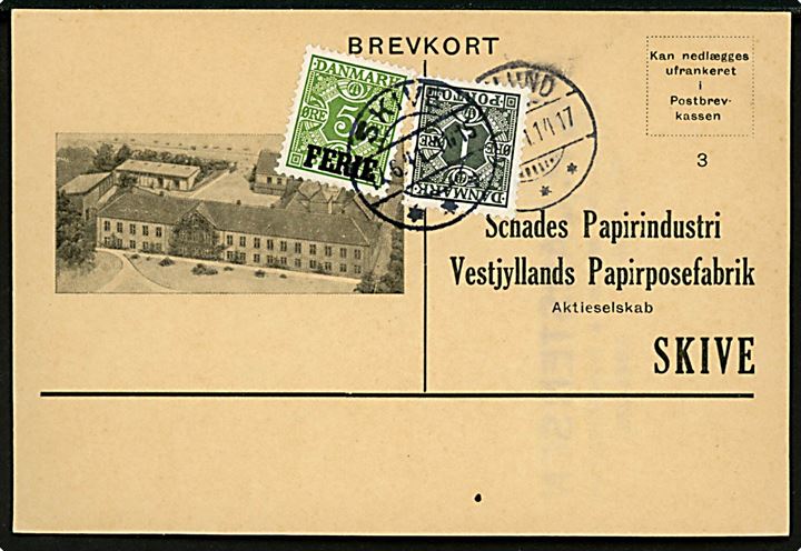 Ufrankeret svarkort fra Skelund d. 16.6.1941 til Skive. Udtakseret i enkeltporto med 1 øre Portomærke og 5 øre Ferie-provisorium stemplet Skive d. 17.6.1941.