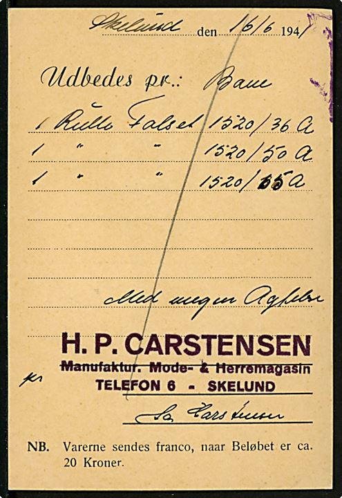 Ufrankeret svarkort fra Skelund d. 16.6.1941 til Skive. Udtakseret i enkeltporto med 1 øre Portomærke og 5 øre Ferie-provisorium stemplet Skive d. 17.6.1941.