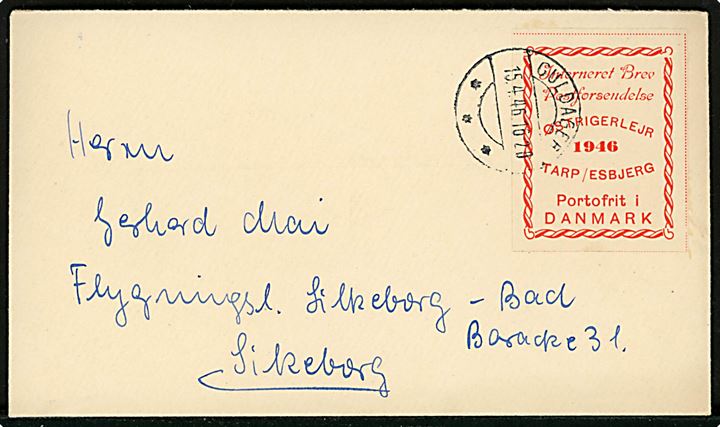 Ufrankeret brev med “Østrigerlejr Tarp” mærke stemplet Guldager d. 15.4.1946 til Flygtningelejr Silkeborg Bad pr. Silkeborg. 