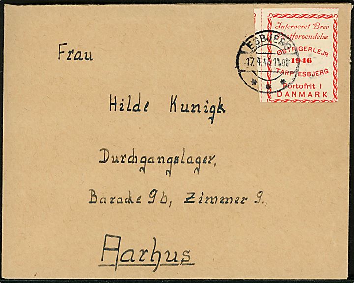 Ufrankeret brev med “Østrigerlejr Tarp” mærke stemplet Esbjerg d. 17.4.1946 til flygtning i Durchgangslager i Aarhus. 