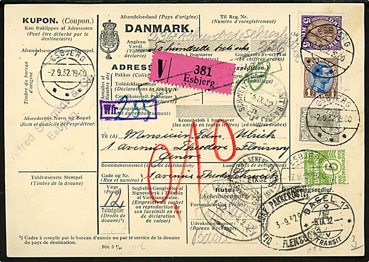 5 øre Bølgelinie, 50 øre, 1 kr. og 5 kr. Chr. X på 655 øre frankeret internationalt adressekort for værdipakke fra Esbjerg d. 2.9.1932 via den danske Pakkepostekspedition i Flensborg d. 3.9.1932 til Geneve, Schweiz.