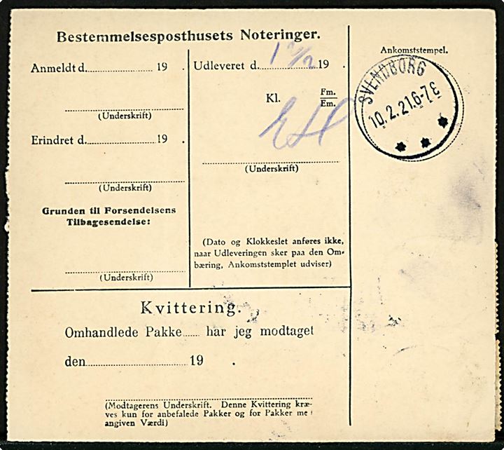 5 øre (2) og 20 øre (2) Chr. X på adressekort for pakke annulleret Espe d. 10.2.1921 til Thurø pr. Svendborg. Yderligere 5 øre Chr. X i parstykke anvendt som gebyr mærker og annulleret med liniestempel “Espe”. 