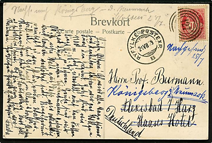 10 øre Posthorn på brevkort annulleret med 4-rings nr.stempel “127” (= Brevhus Hotel “Breifond” i Røldal) og sidestemplet med sejlende bureaustempel Ryfylke Postexp. B d. 24.7.1909 til Alexisbad, Tyskland - eftersendt til Königsberg.
