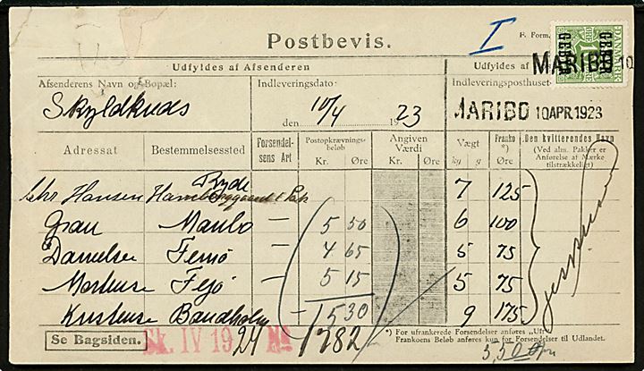10 øre Gebyr provisorium annulleret med liniestempel MARIBO d. 10.4.1923 på Postbevis - F. Form. Nr. 42 (9/7 1919) - for indlevering af 5 pakker til bl.a. Femø og Fejø. Skade i venstre hjørne.
