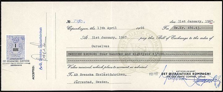 1 kr. Stempelmærke med perfin “Ø.K.” på veksel fra A/S Det østasiatiske Kompagni i København d. 13.4.1966. 