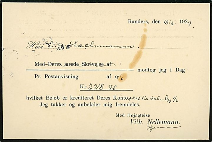 7 øre Bølgelinie med perfin “VN” på tryksagskort fra Vilh. Nellemann i Randers d. 18.6.1929 til Kolding.