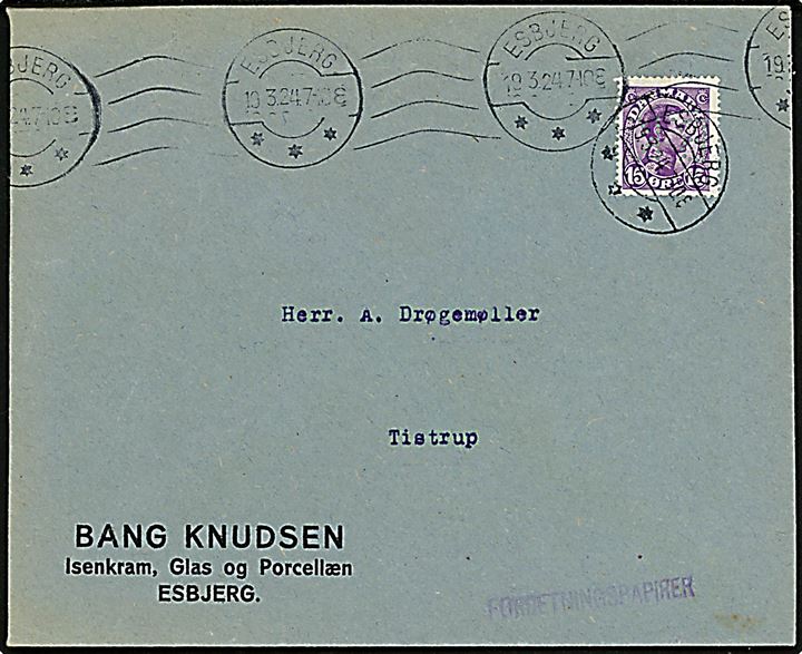 15 øre Chr. X med perfin “B.K.” på firmakuvert fra Bang Knudsen sendt som forretningspapirer fra Esbjerg d. 19.3.1924 til Tistrup.