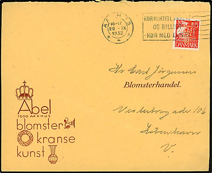 15 øre Karavel med perfin “ABEL” på firmakuvert fra Aarhus d. 20.9.1932 til København. Kun brugt 1931-32.