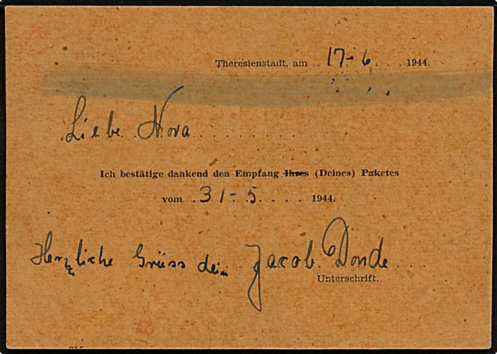 Böhmen-Mähren 60 h. Hitler på kvitteringsbrevkort for modtaget pakke sendt af dansk jøde, Jacob Donde, i KZ-lejr Theresienstadt d. 17.6. og stemplet Prag d. 24.8.1944 til København. Tysk censur fra Hamburg. Jacob Donde var fængselsbetjent og blev arresteret d. 4.10.1943.