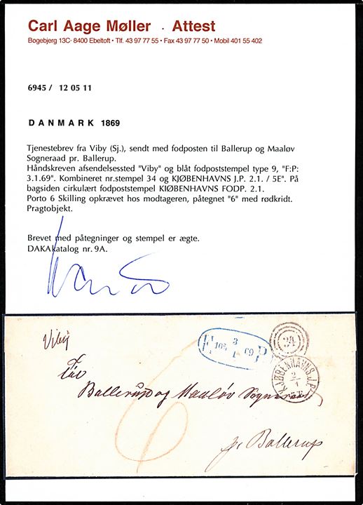 Ufrankeret portobrev med håndskrevet bynavn “Viby” og kombineret nr.stempel “34”/Kjøbenhavns J.P. d. 2.1.1869 og ovalt fodpoststempel F:P: d. 3.1.1869 til Ballerup og Maalöv Sogneraad pr. Ballerup. Udtakseret i “6” skilling porto. Attest Møller. 