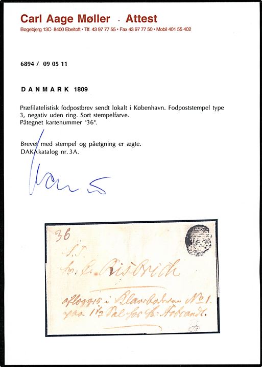 Udateret fodpostbrev med Fr. VI laksegl og sort signet stempel “FP” uden ring samt kartenr. “36”, til hr. C. Risbrich - aflægges i Klareboderne No 1. Attest Møller.