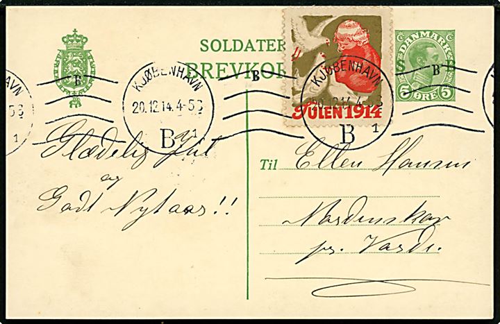 5 øre Soldater-Brevkort med Julemærke 1914 sendt fra Kjøbenhavn d. 20.12.1914 til Nordenskov pr. Varde. Sjælden kombination. 