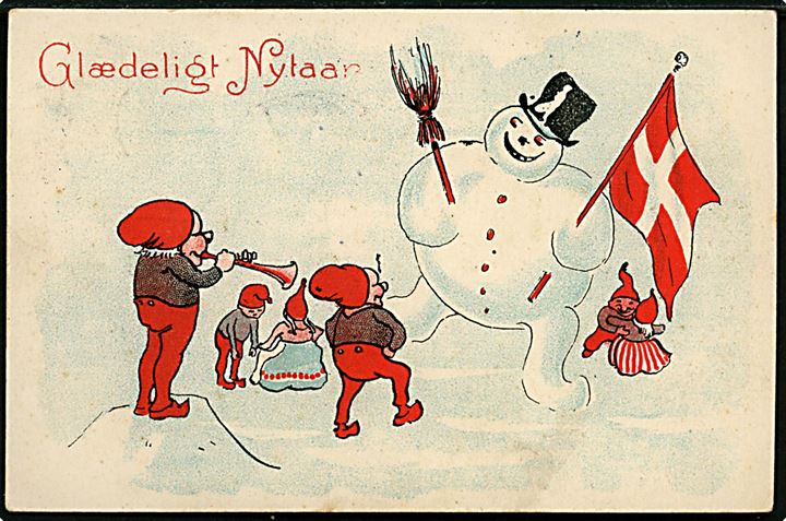 3 øre Bølgelinie på lokalt julekort (Nisser og snemand) annulleret med stjernestempel HALDAGER og side-stemplet Nørre-Sundby d. 1.1.1914 til Gjøl. Stempel brugt 2 dage senere end reg. Bendix: 1200,-