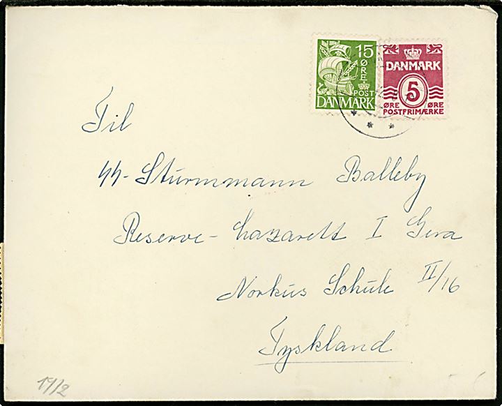 5 øre Bølgelinie og 15 øre Katavel på brev fra Hundslund d. 1.10.1942 til SS-Sturmmann Balleby, Reserve-Lazarett I, Gera, Tyskland. Åbnet ved SS-feldpostprüfstelle i Berlin.