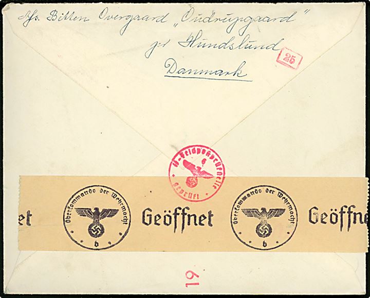 5 øre Bølgelinie og 15 øre Katavel på brev fra Hundslund d. 1.10.1942 til SS-Sturmmann Balleby, Reserve-Lazarett I, Gera, Tyskland. Åbnet ved SS-feldpostprüfstelle i Berlin.