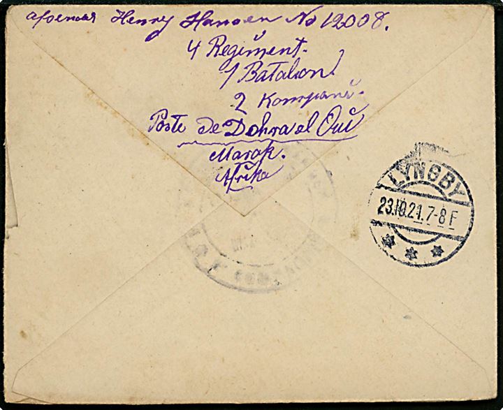 Marokko 50 c. blandingsrfankeret brev annulleret med feltpoststempel i Kasbatadla d. 12.10.1921 til Lyngby, Danmark. Fra dansk fremmedlegionær No. 12008 Henry Madsen i 4. Regiment i Marokko. 