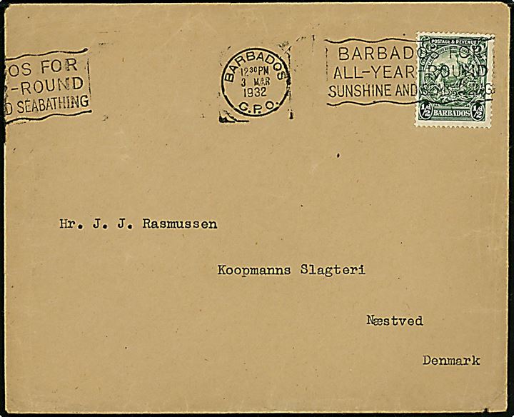 Ekspeditionspost. “Nøddeskallen”. Barbados ½d på tryksag med rejsebrev fra Kay Elbo’s verdensomsejling med sejlskibet “Nøddeskallen” sendt fra Barbados d. 3.3.1932 til Næstved, Danmark. 