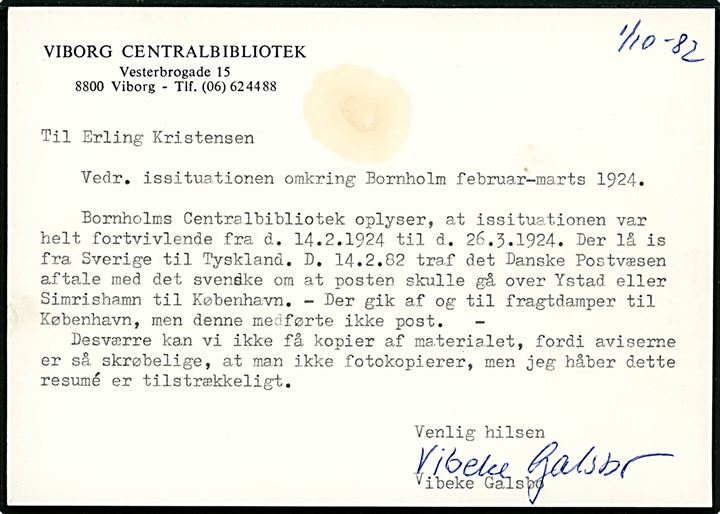 20 øre Chr. X på brev med indhold fra Rønne sendt som skibspost via Sverige p.g.a. isvinter og annulleret i Ystad d. 29.2.1924 og sidestemplet “Från Danmark” til Odense. Bornholm var i febr.-marts 1924 hårdt ramt af isvinter i Østersøen.
