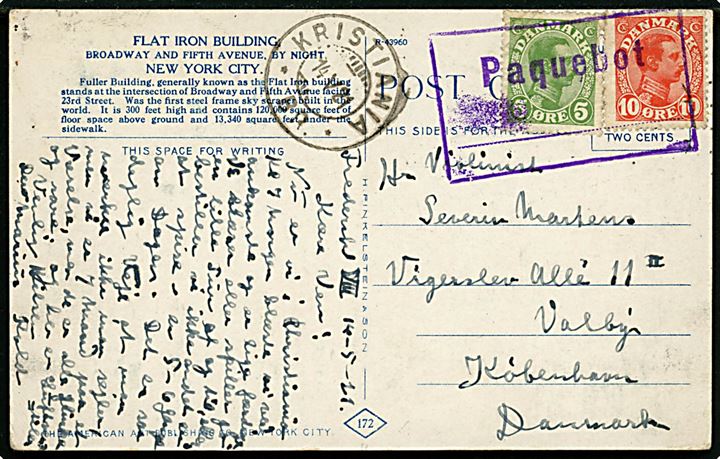 5 øre og 10 øre Chr. X på brevkort skrevet ombord på Amerikadamperen S/S “Frederik VIII” annulleret med norsk skibsstempel “Paquebot” og sidestemplet Kristiania d. 14.5.1921 til København, Danmark.