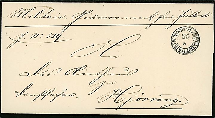 1864. Ufrankeret brev mærket “Dienstsache” fra Militär Gouvernement für Jütland med 2-ringsstempel K.PR.FELDPOST-AMT * GARDE-CORPS * (= Aarhus) d. 25.8.1864 til Hjørring. På bagsiden del af laksegl.