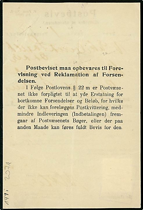 10 øre Chr. X annulleret “Gebyr Odder Postkontor” på Postbevis - F.Form. Nr. 1 (1/7 1919) - for afsendelse af postanvisning fra Odder d. 24.8.1920 til Aarhus. 