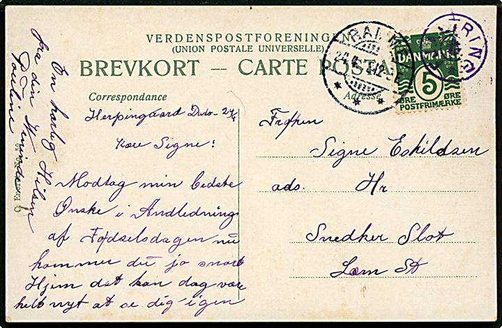 5 øre Bølgelinie på brevkort annulleret med VIOLET stjernestempel FJALTRING og sidestemplet Ramme d. 24.4.1912 til Lem St.